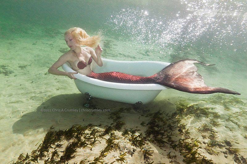 Iara Mandyn in tail, underwater in a bathtub